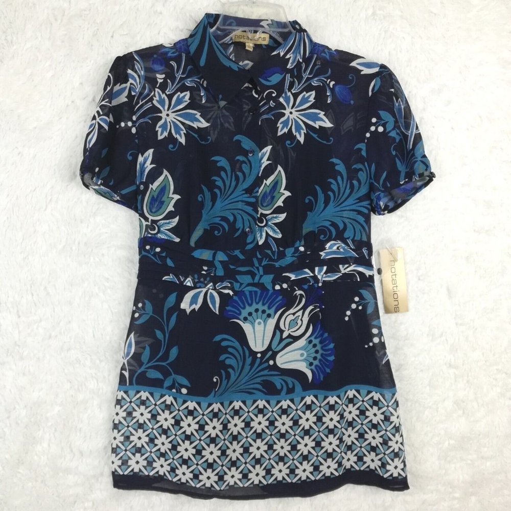 NWT Notations Blue Floral Blouse